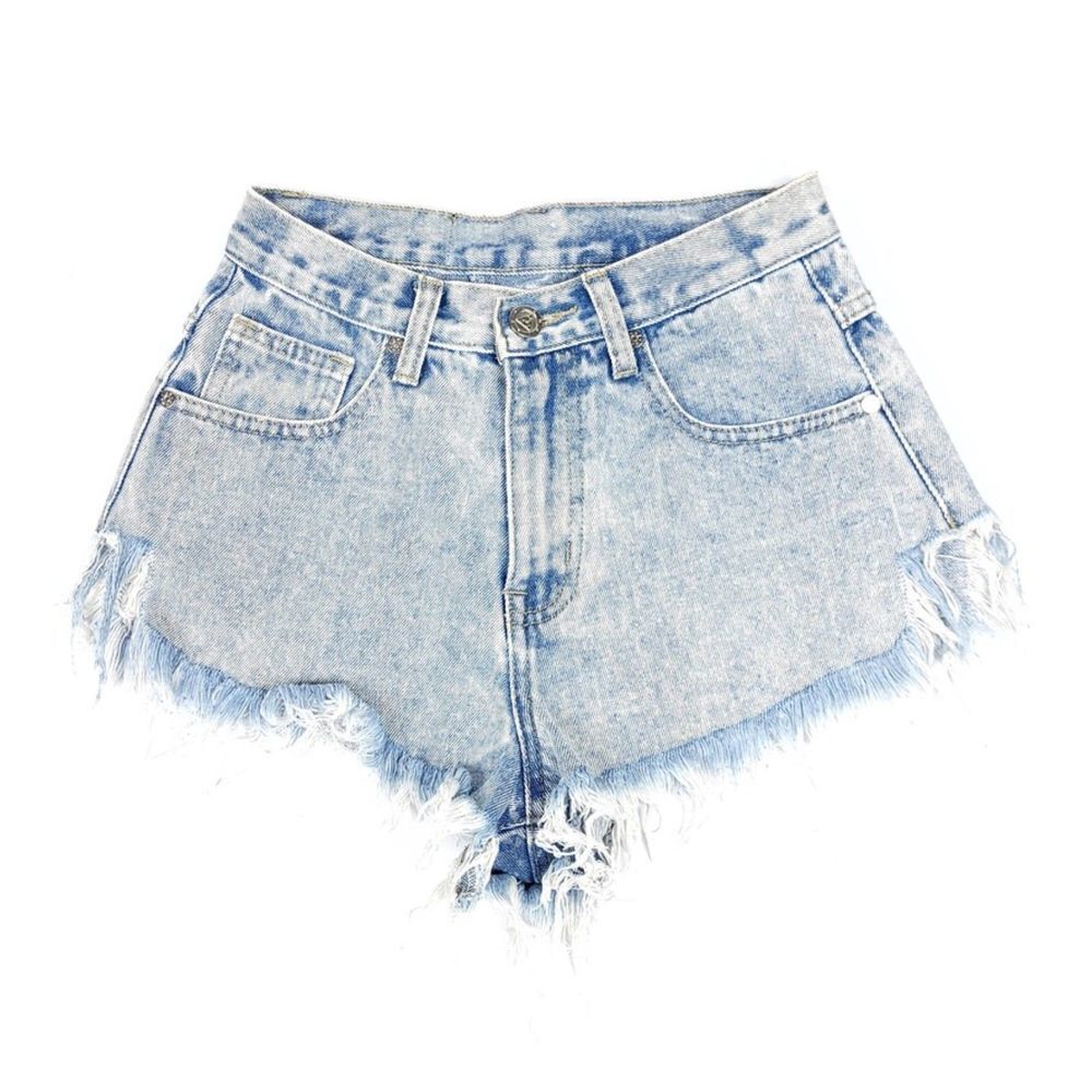 UNIF Slitz Shorts Western Raw Hem Distressed Jean Short Acid Wash Light Denim 24